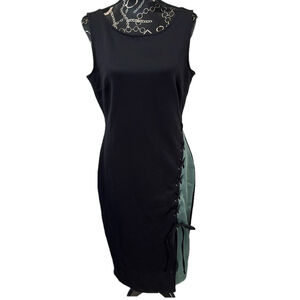 Sleeveless‎ Sheath Dress Black Lace-Up Sage Green Panel Bodycon Tank